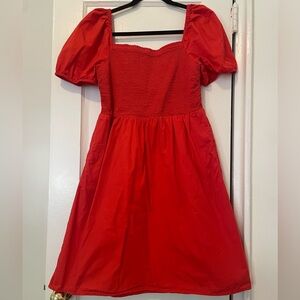 Loft red bubble sleeve mini dress with pockets